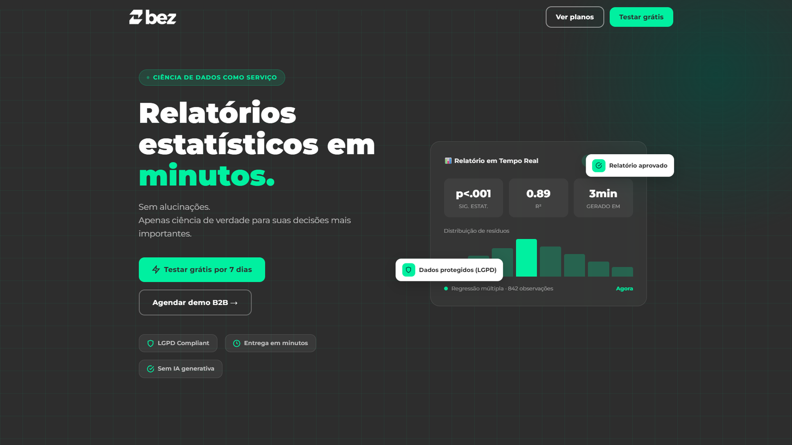 Site da Bez com o título Relatórios estatísticos em minutos