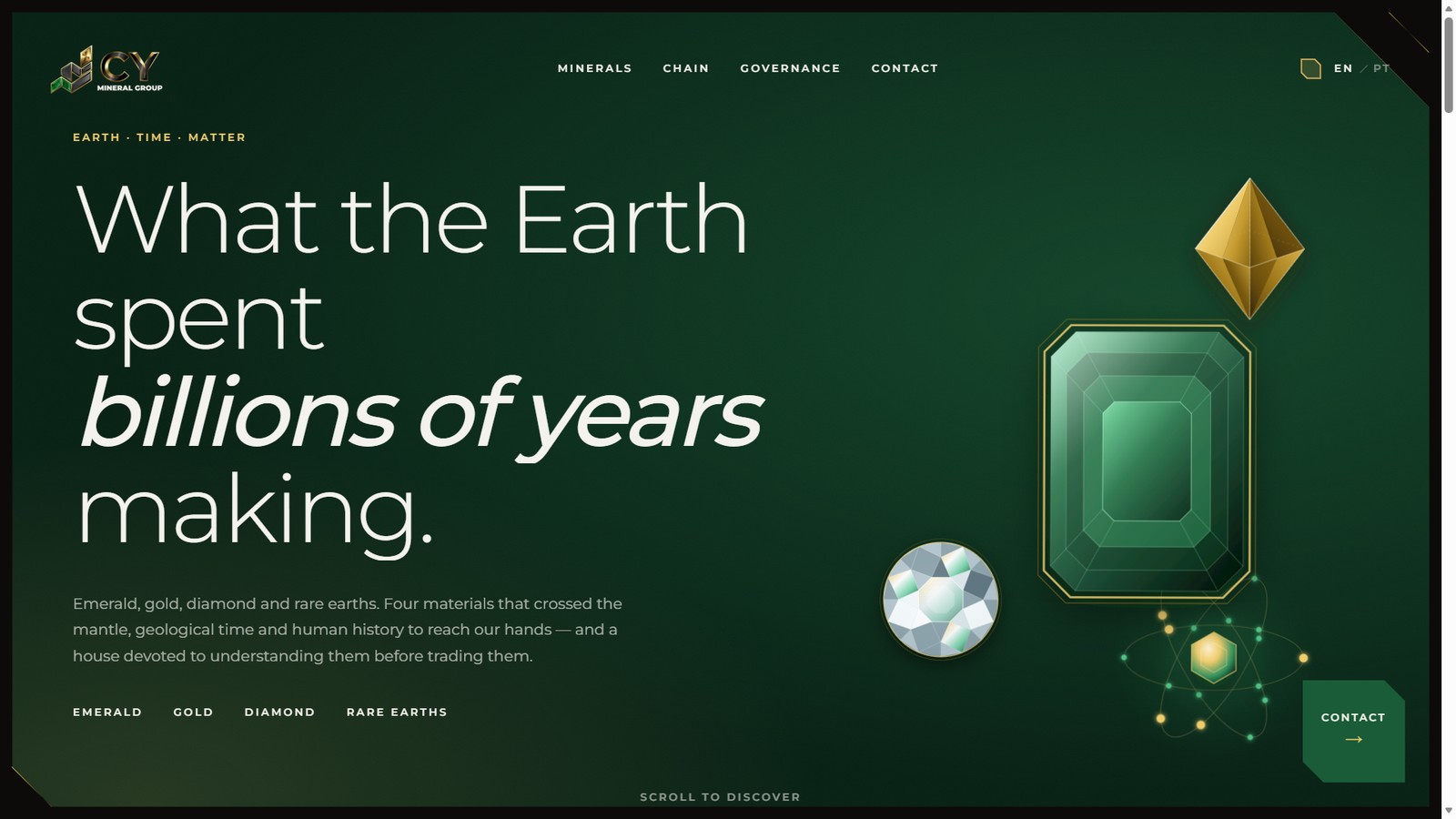 Site da CY Mineral Group com o título What the Earth spent billions of years making